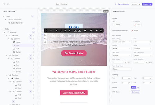 MJML Email Builder Interface